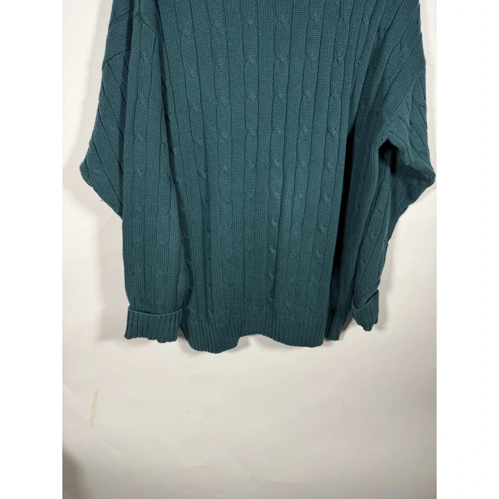Izod Mens Cable Knit Crewneck Sweater Teal Green 100% Cotton L Vintage Style